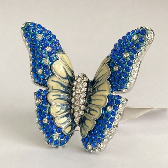 Vintage Blue Butterfly Cocktail Ring Statement Size 7 9 Crystal Rhodium Plated - Picture 7 of 13
